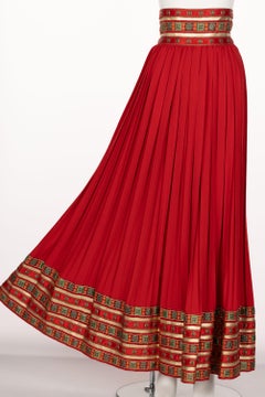 Lanvin Jules-François Crahay Demi Couture Red Pleated Brocade Maxi Skirt 1970s