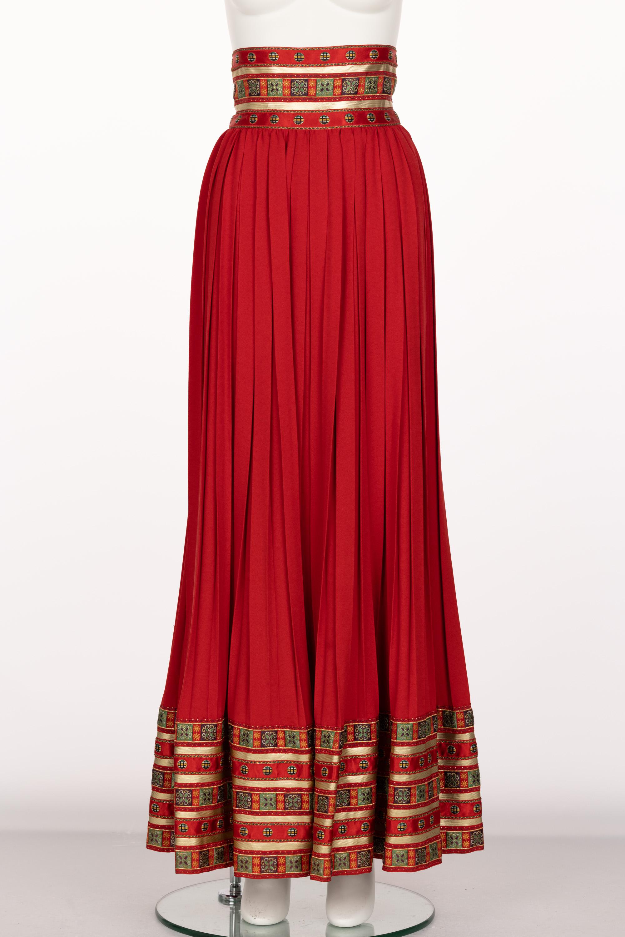 Lanvin Jules-François Crahay Demi Couture Red Pleated Brocade Maxi Skirt 1970s In Excellent Condition For Sale In Boca Raton, FL
