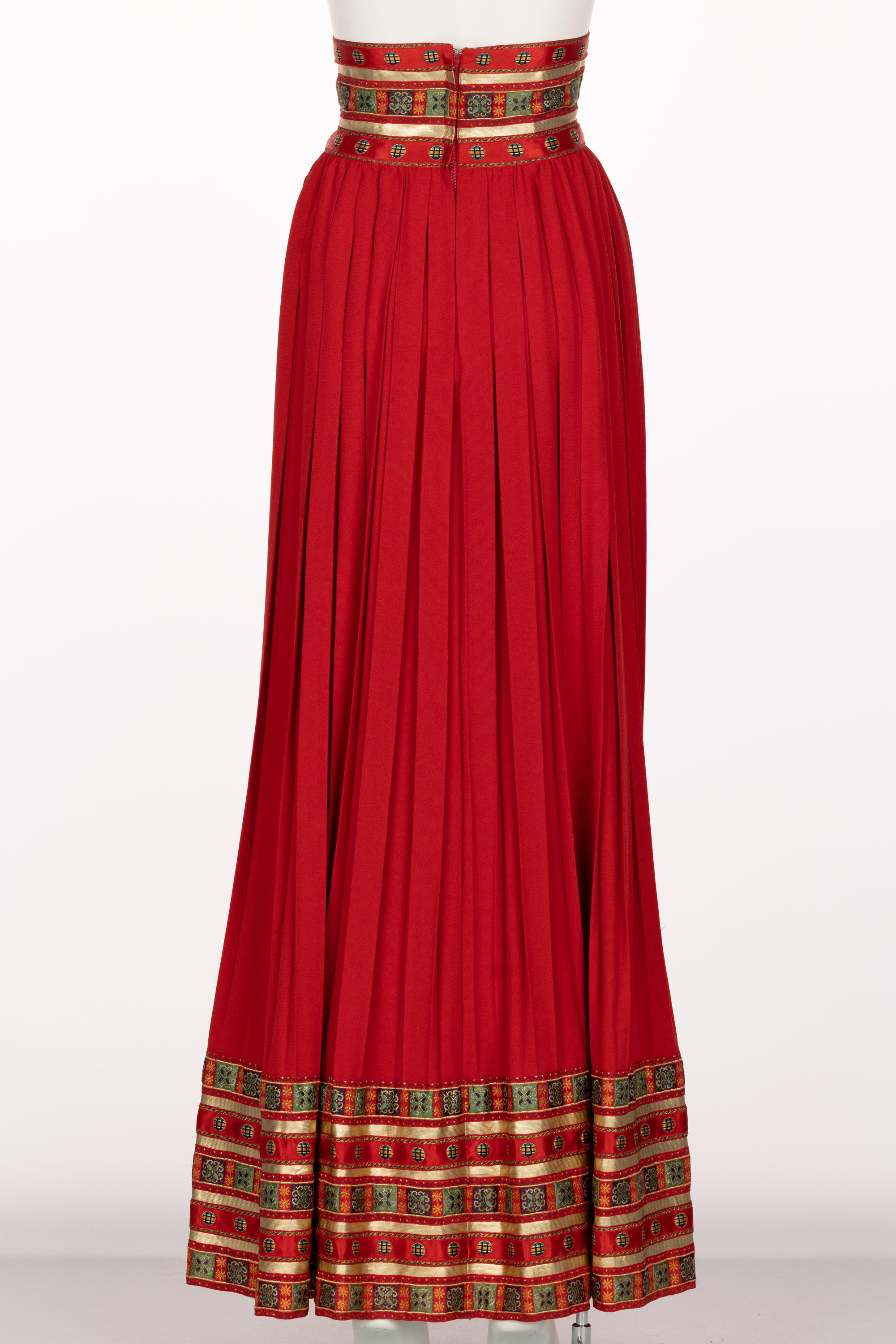 Women's Lanvin Jules-François Crahay Demi Couture Red Pleated Brocade Maxi Skirt 1970s For Sale