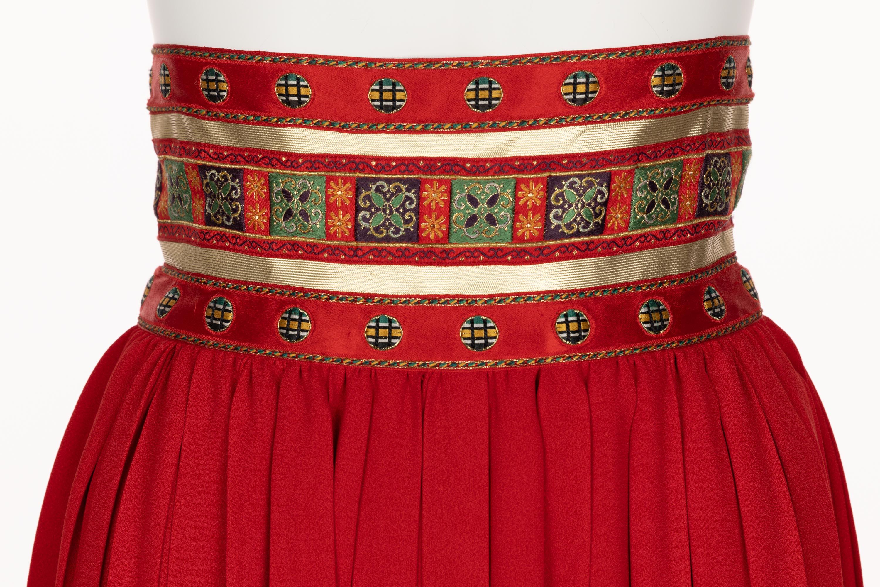 Lanvin Jules-François Crahay Demi Couture Red Pleated Brocade Maxi Skirt 1970s For Sale 2