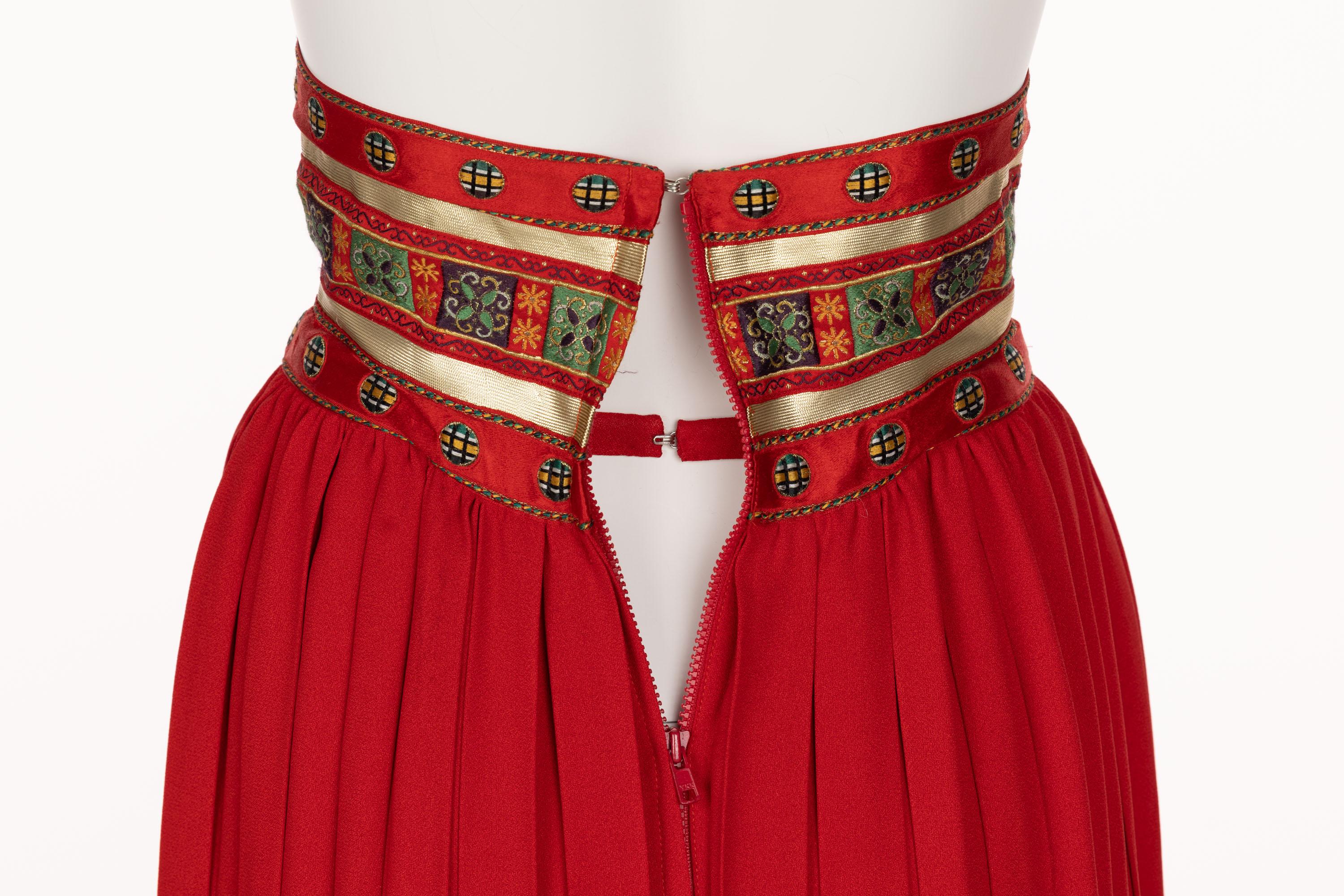 Lanvin Jules-François Crahay Demi Couture Red Pleated Brocade Maxi Skirt 1970s For Sale 2