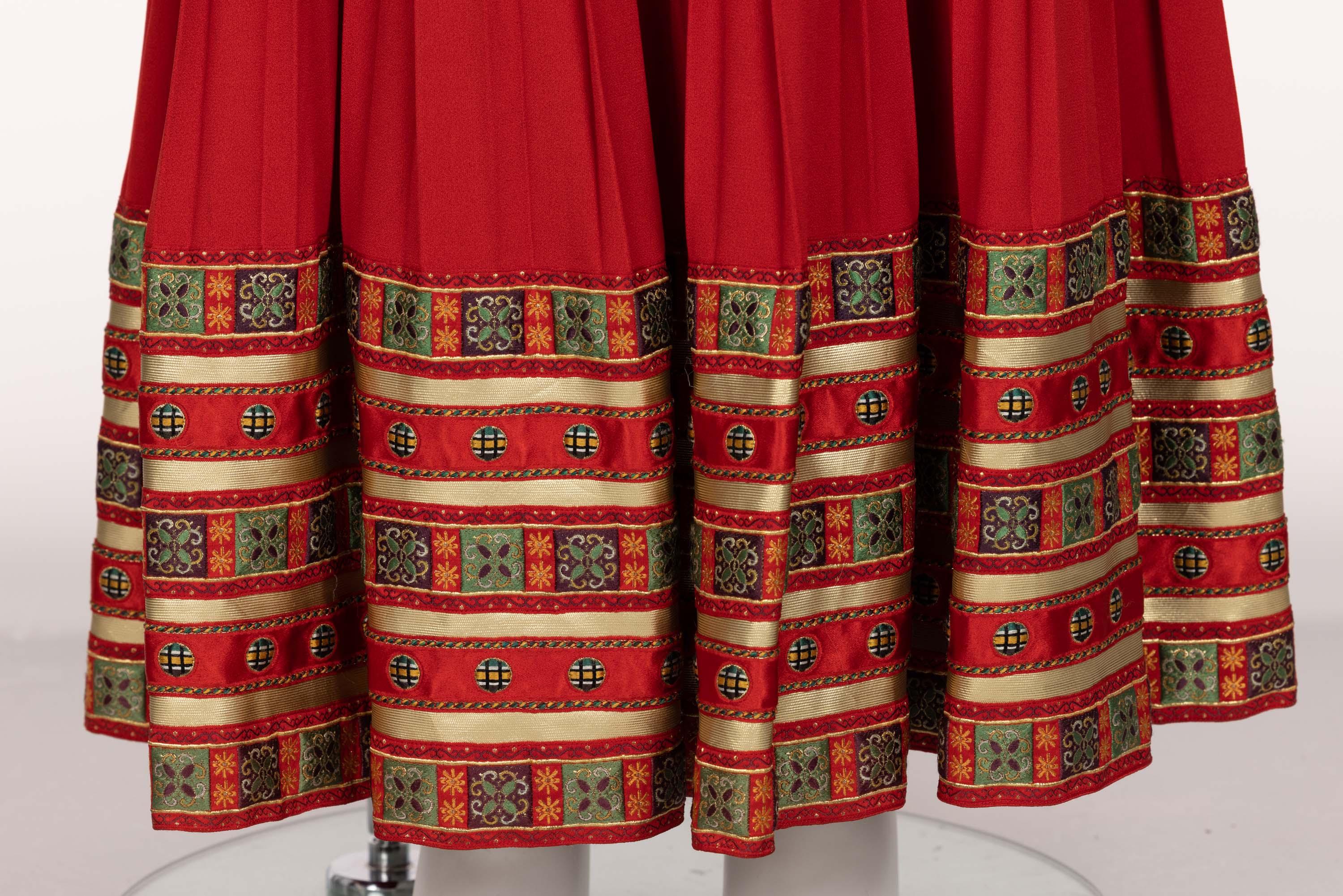 Lanvin Jules-François Crahay Demi Couture Red Pleated Brocade Maxi Skirt 1970s For Sale 4