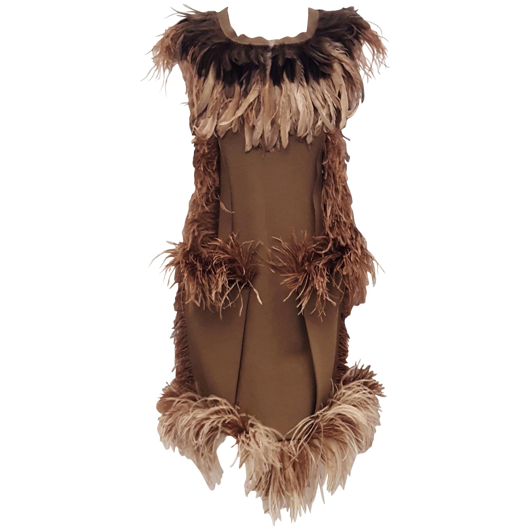 Lanvin Khaki Green Inside Out Winter 2010 Runway Dress with Ostrich Feathers  For Sale