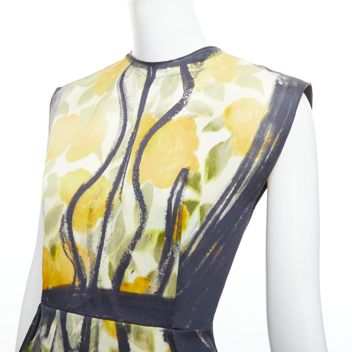 Beige LANVIN Les 10 Ans giallo nero cotone seta stampa floreale vestito FR36 S A. Stone in vendita