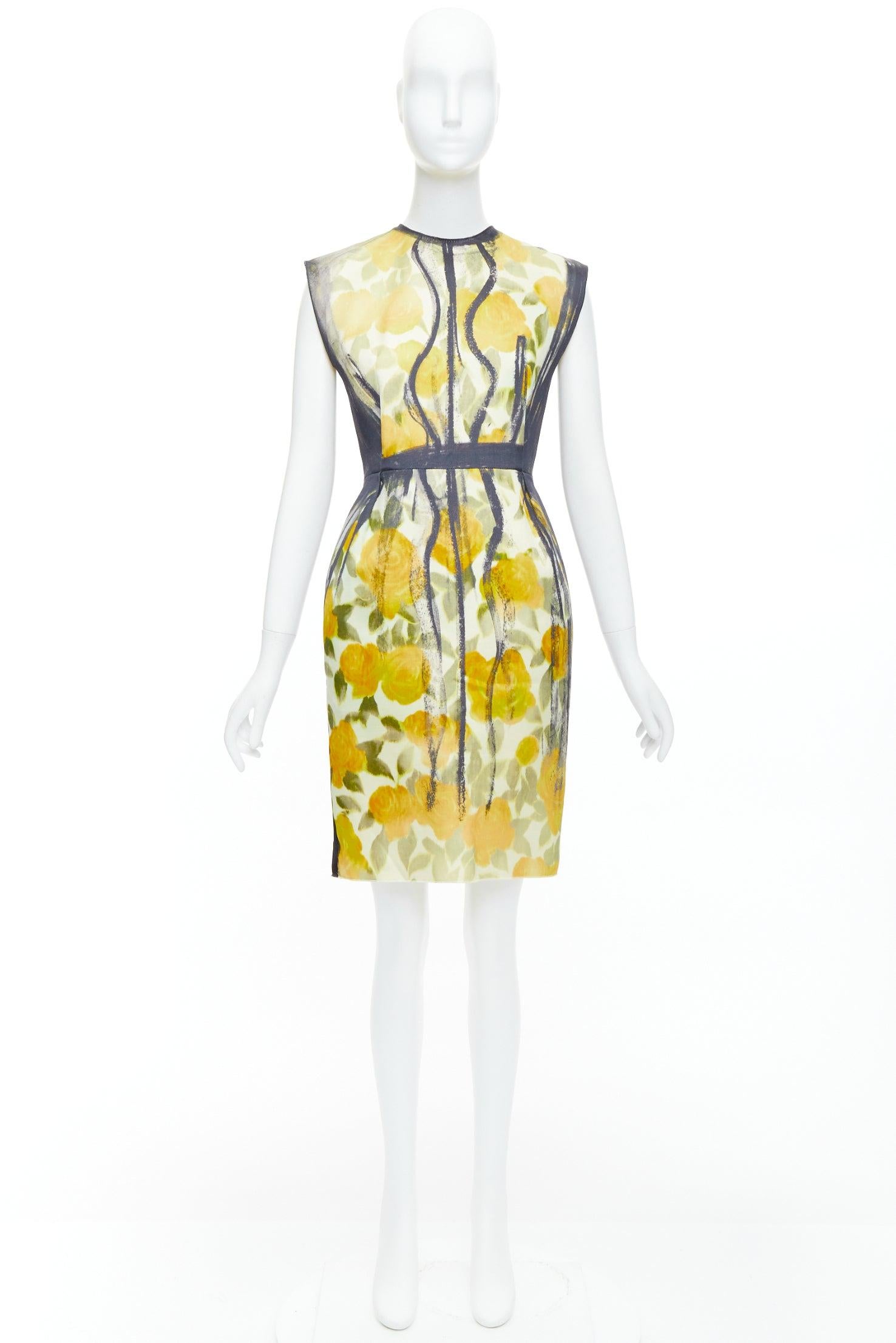 LANVIN Les 10 Ans giallo nero cotone seta stampa floreale vestito FR36 S A. Stone in vendita 4
