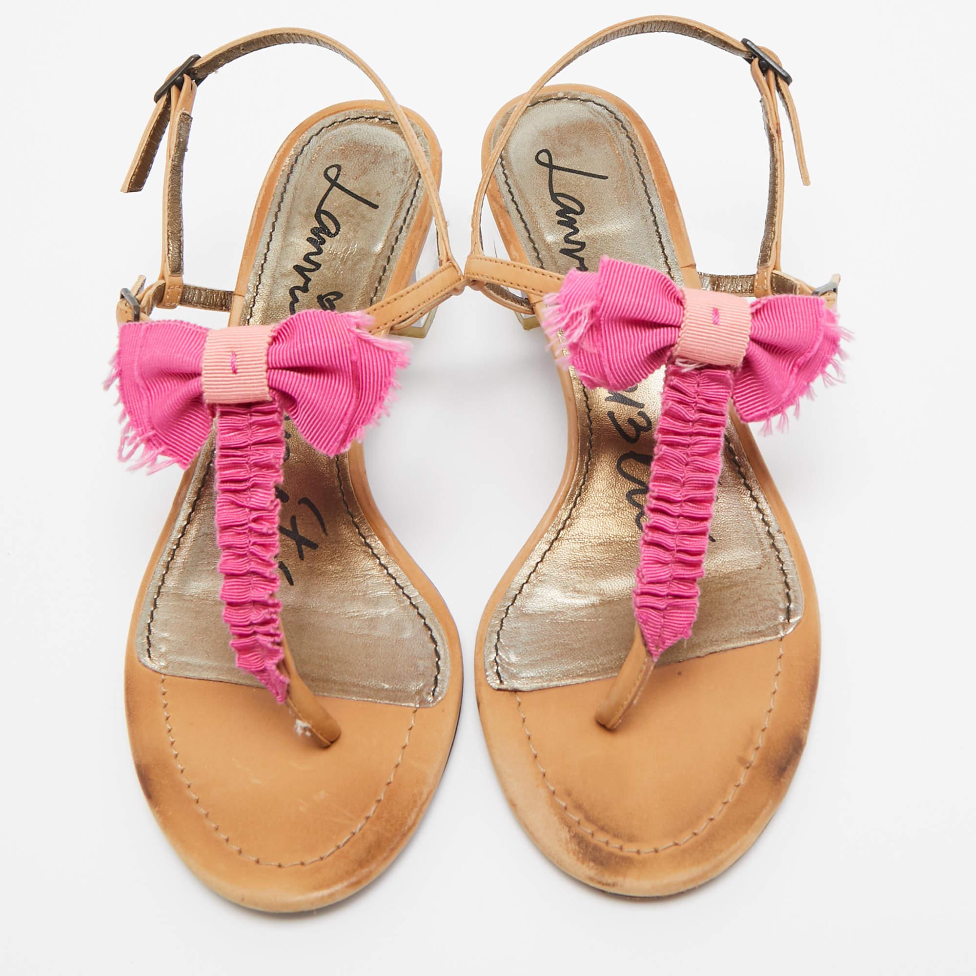 Beige Lanvin Light Brown/Pink Leather and Fabric Bow Thong Ankle Strap Sandals Size 37 For Sale
