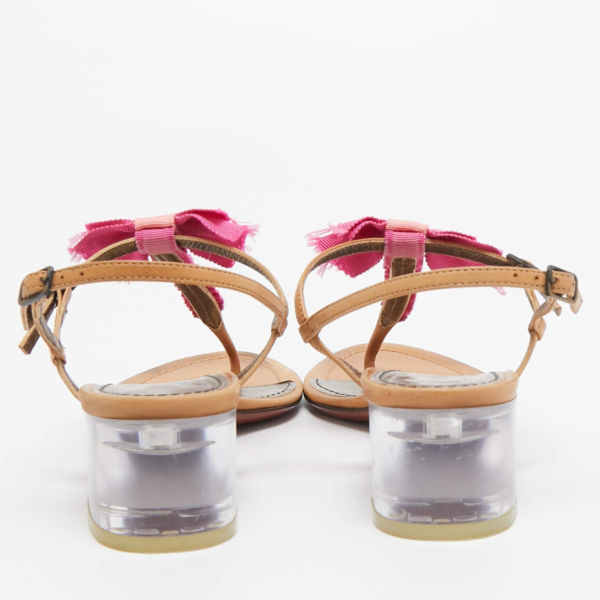 Women's Lanvin Light Brown/Pink Leather and Fabric Bow Thong Ankle Strap Sandals Size 37 For Sale