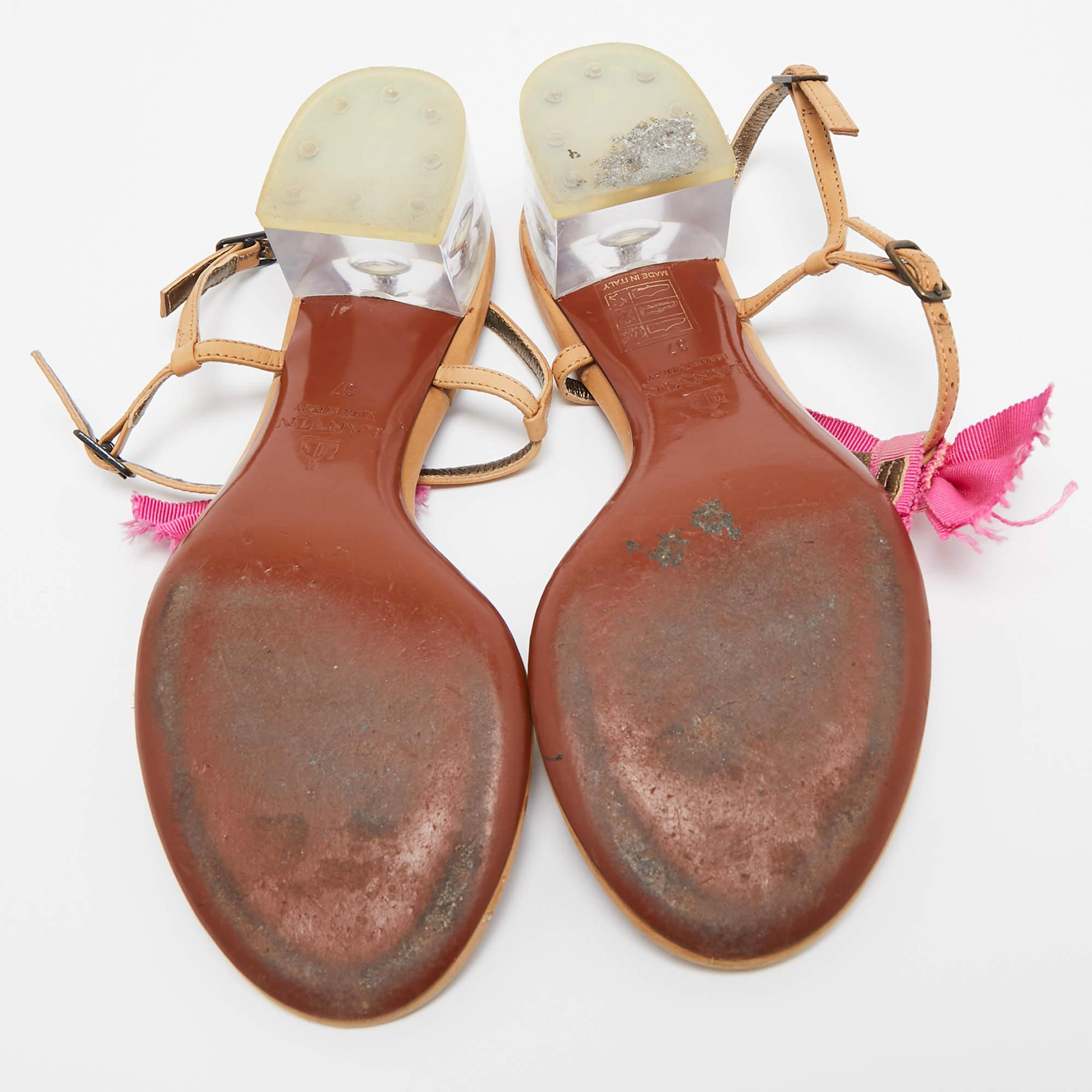 Lanvin Light Brown/Pink Leather and Fabric Bow Thong Ankle Strap Sandals Size 37 For Sale 1