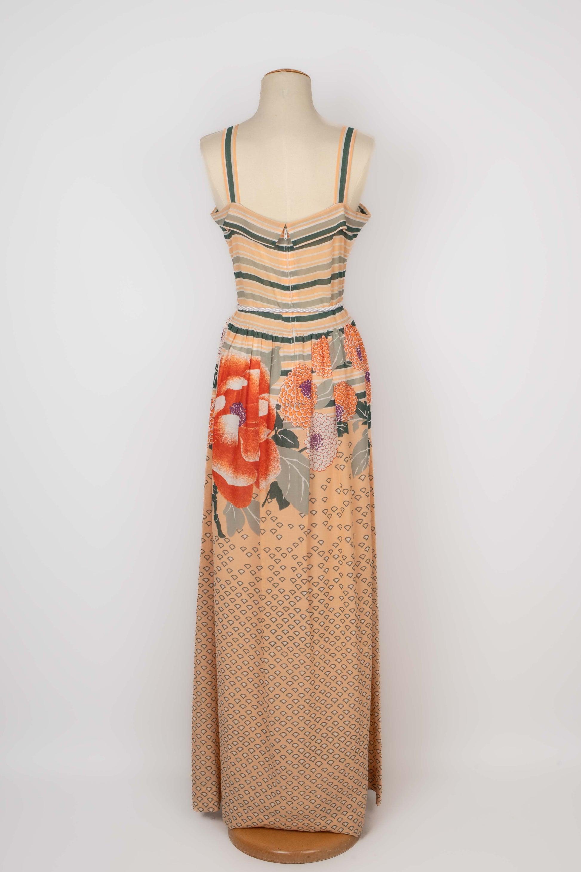 Brown Lanvin Long Pinky-beige and Green Crepe Dress For Sale