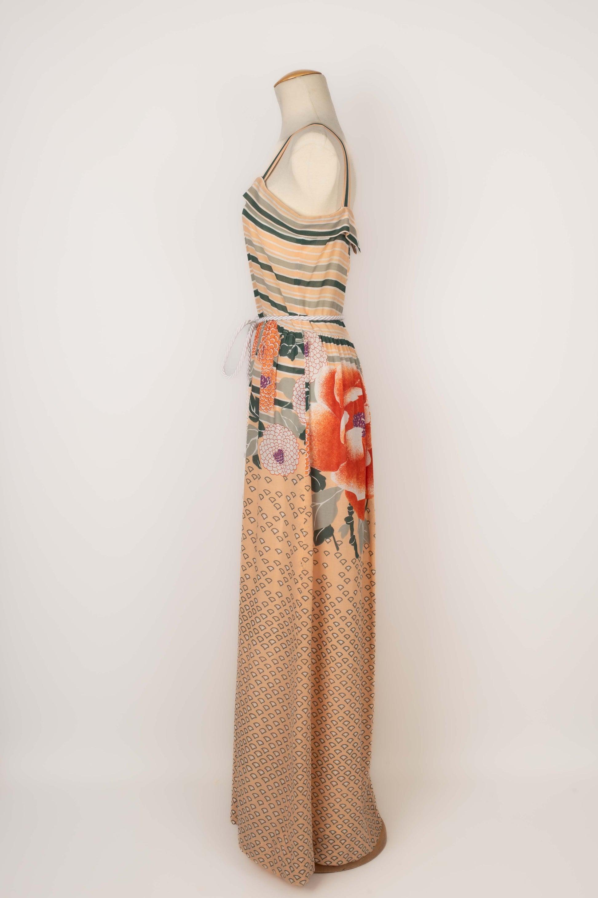 Lanvin Long Pinky-beige and Green Crepe Dress In Excellent Condition For Sale In SAINT-OUEN-SUR-SEINE, FR