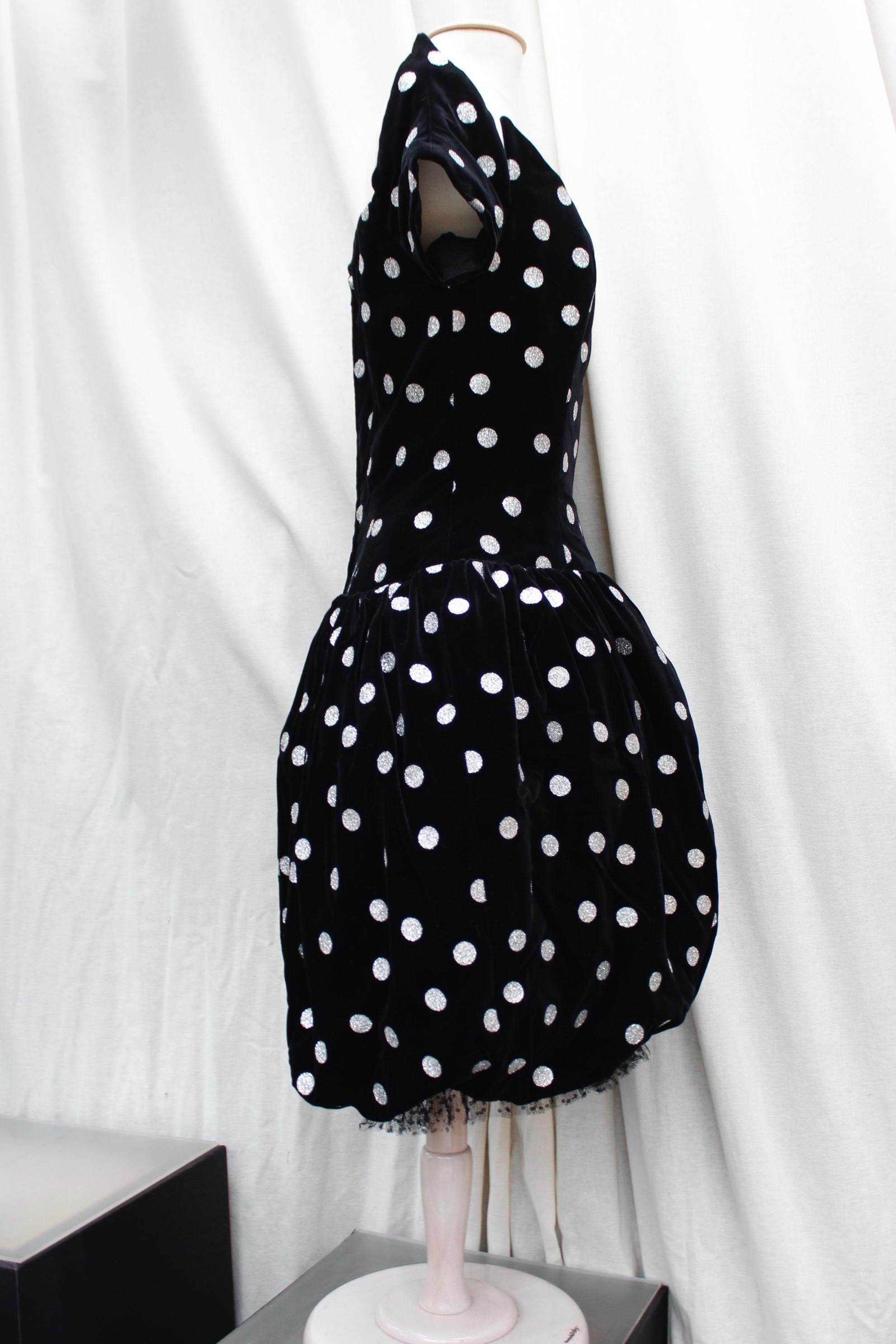 Black Lanvin lovely ball-shaped dress in black velvet with silvery dots For Sale