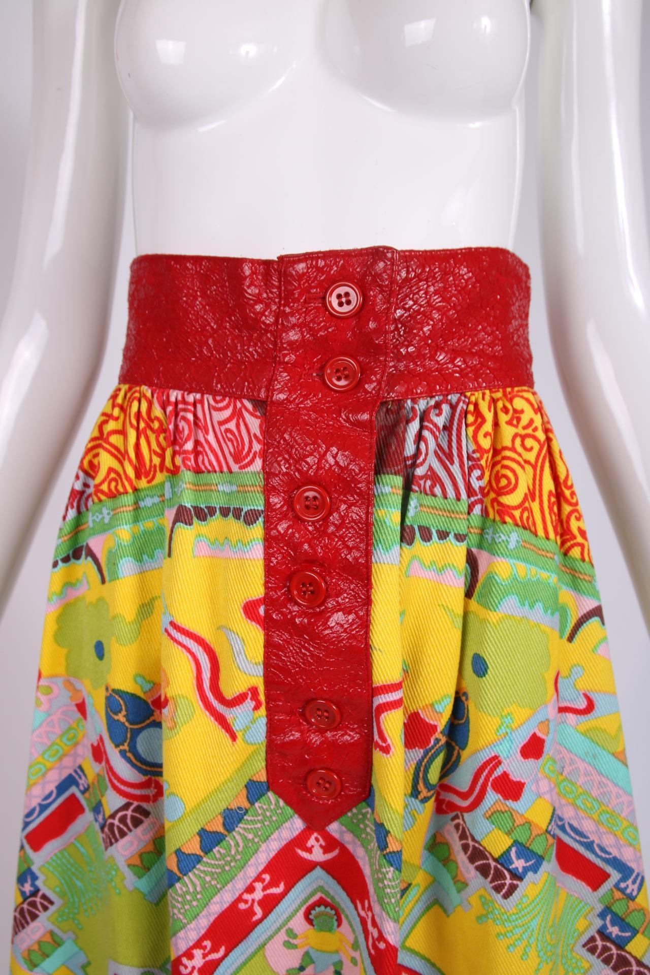 Brown Lanvin Maxi Skirt w/Red Pleather Trim & 'Buddha' Print