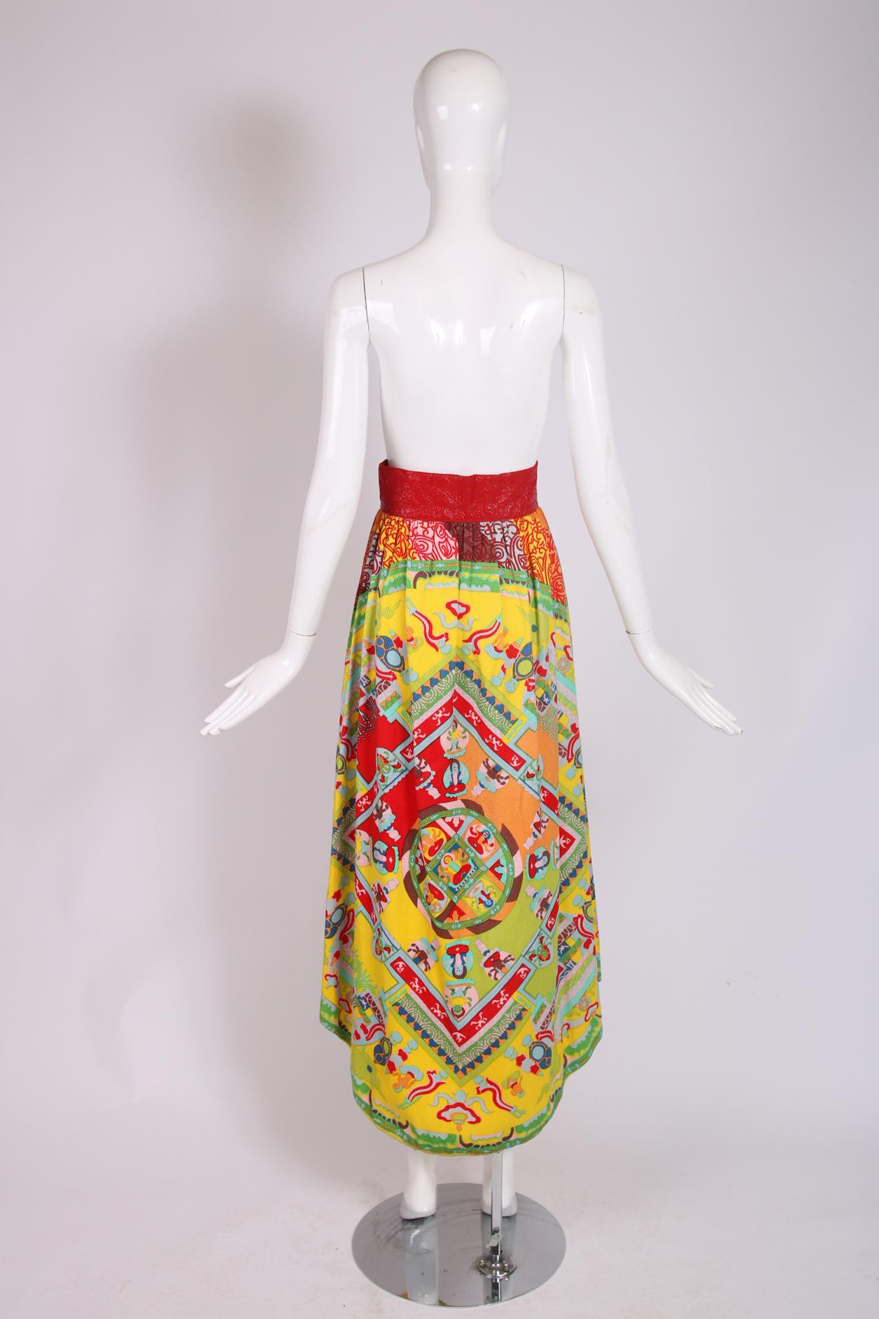 Women's Lanvin Maxi Skirt w/Red Pleather Trim & 'Buddha' Print