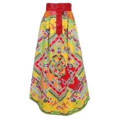 Retro Lanvin Maxi Skirt w/Red Pleather Trim & 'Buddha' Print