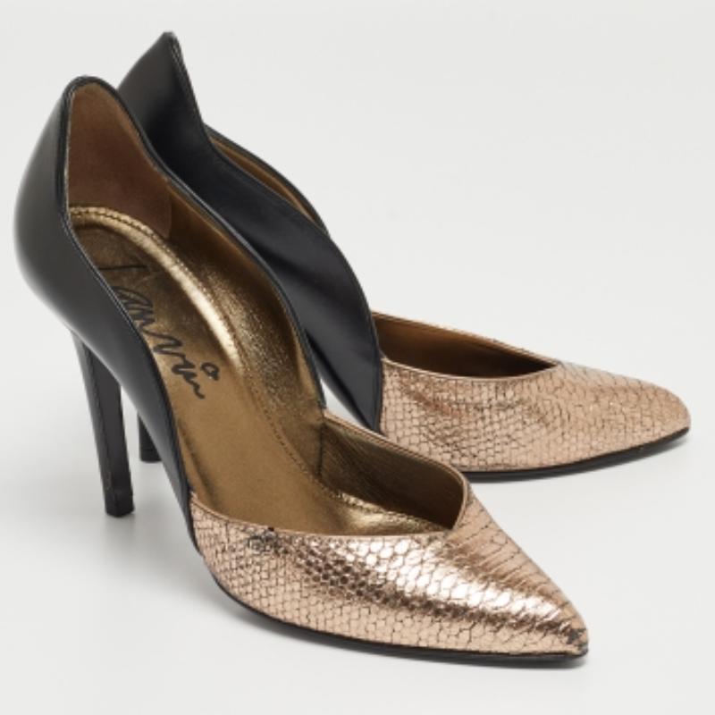 Lanvin Metallisch/Schwarz Geprägtes Python und Leder Pumps Größe 38 Damen im Angebot