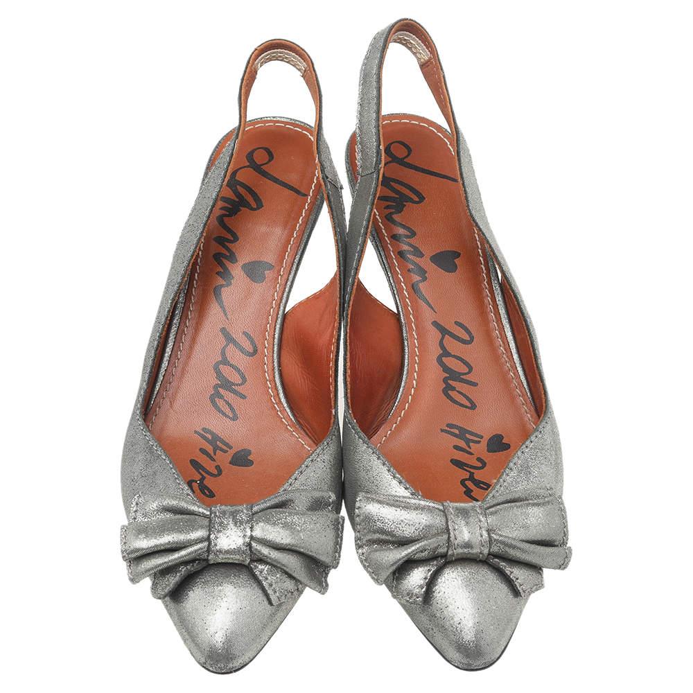 Gray Lanvin Metallic Grey Fabric Bow Sandals Size 36