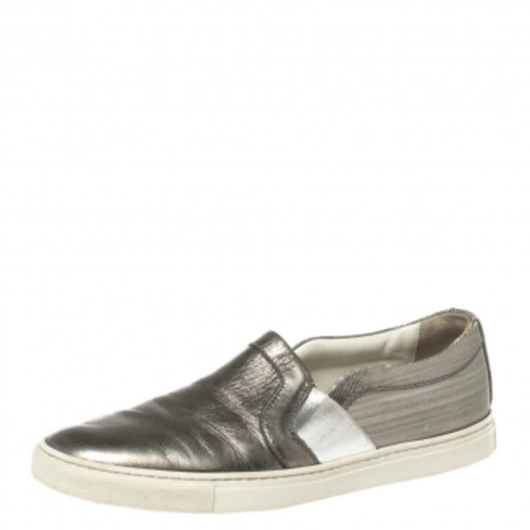 Beige Lanvin Metallic Grey Leather Slip On Sneakers Size 37 For Sale