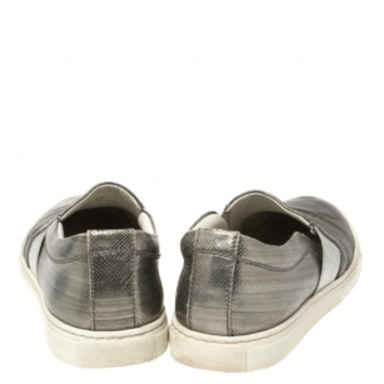Women's Lanvin Metallic Grey Leather Slip On Sneakers Size 37 For Sale