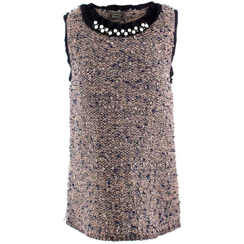 Lanvin Metallic Knit Faux-pearl Collared Sleeveless Top - Size L For Sale