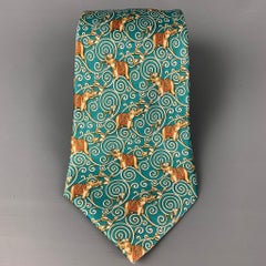 LANVIN Mint Gold Elephant Print Silk Tie
