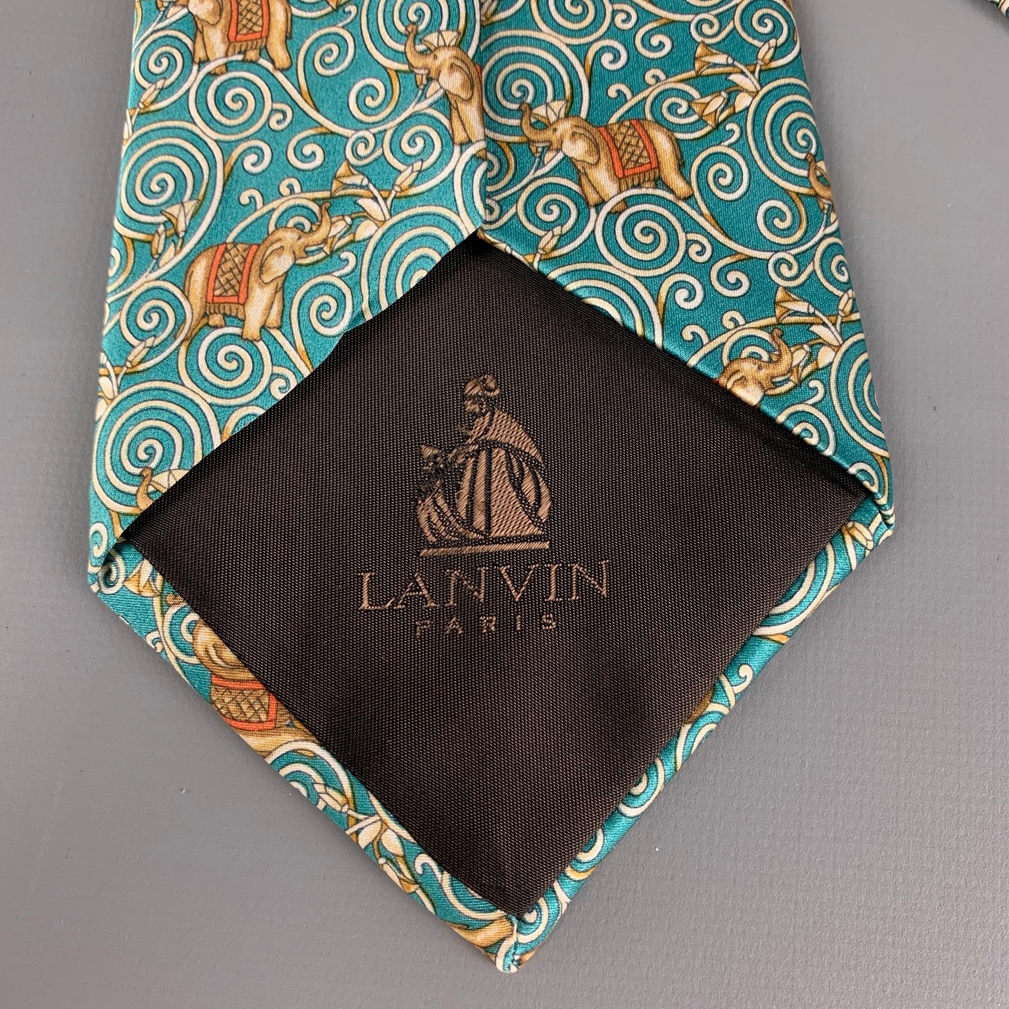 Blue LANVIN Mint Gold Elephant Print Silk Tie