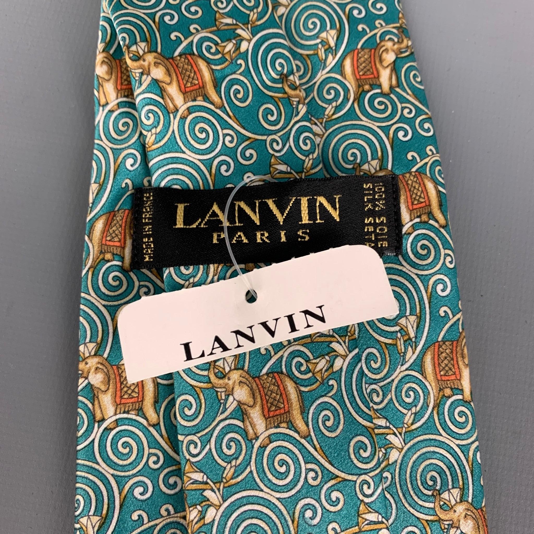 LANVIN Mint Gold Elephant Print Silk Tie In Excellent Condition In San Francisco, CA