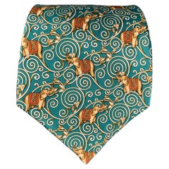 LANVIN Mint Gold Elephant Print Silk Tie