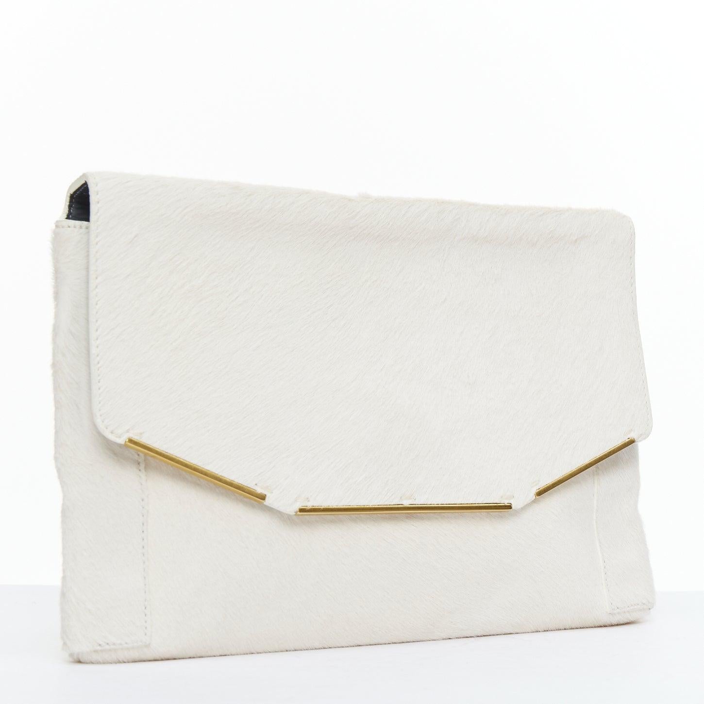 Gray LANVIN Miss Sartorial off white calf hair gold bar flap envelope clutch bag For Sale