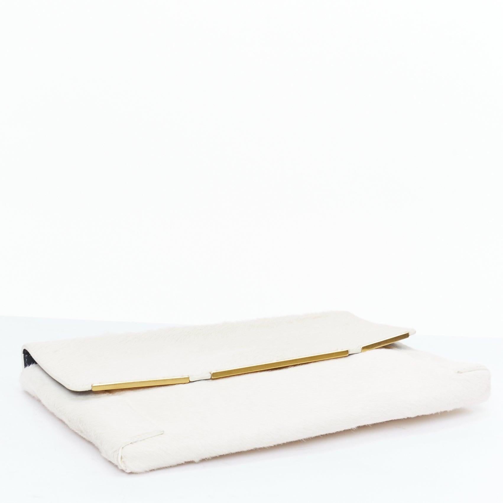 Women's LANVIN Miss Sartorial off white calf hair gold bar flap envelope clutch bag For Sale