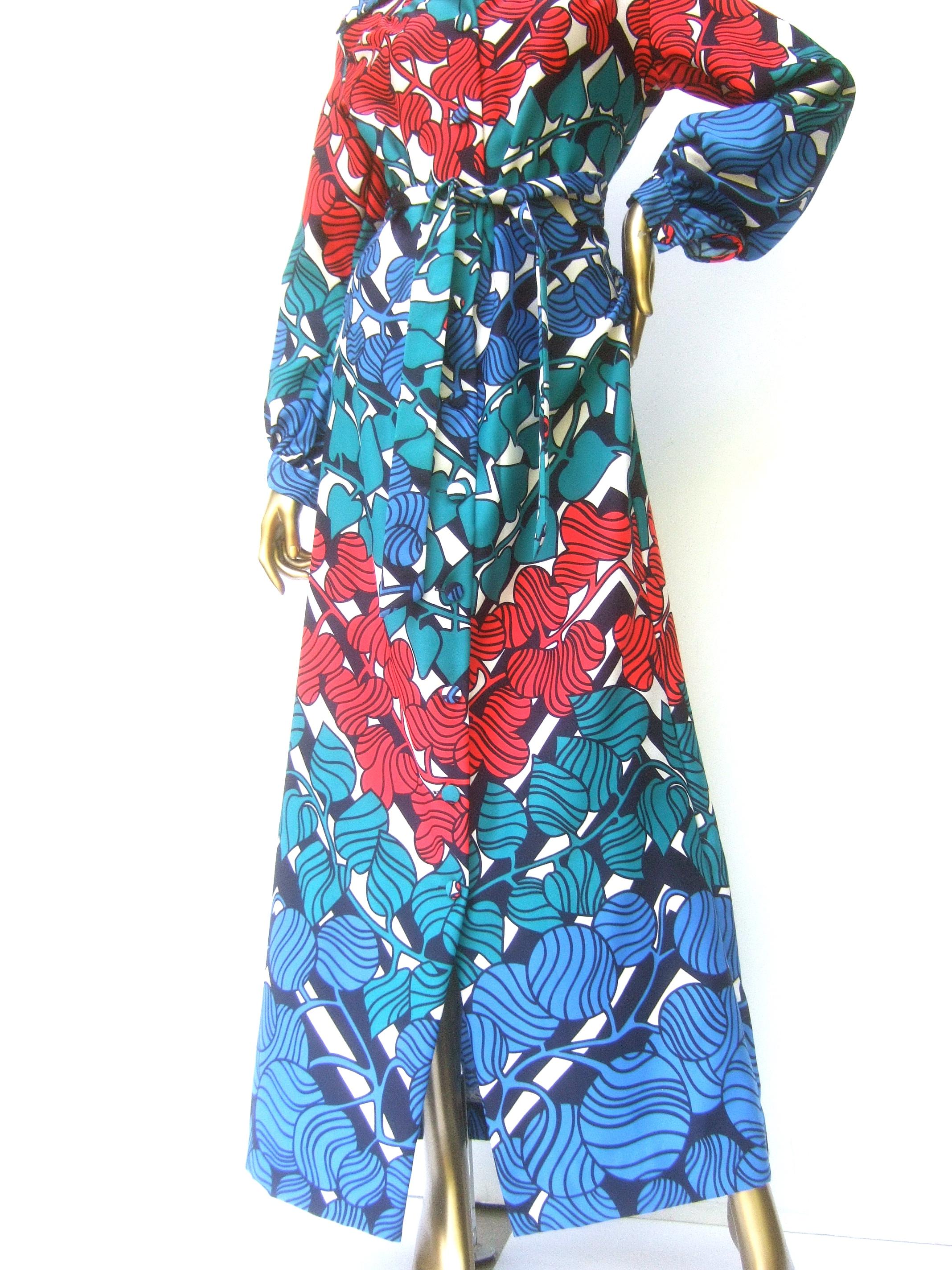Lanvin Mod 1970s Vibrant Foliage Vine Print Belted Gown  For Sale 4