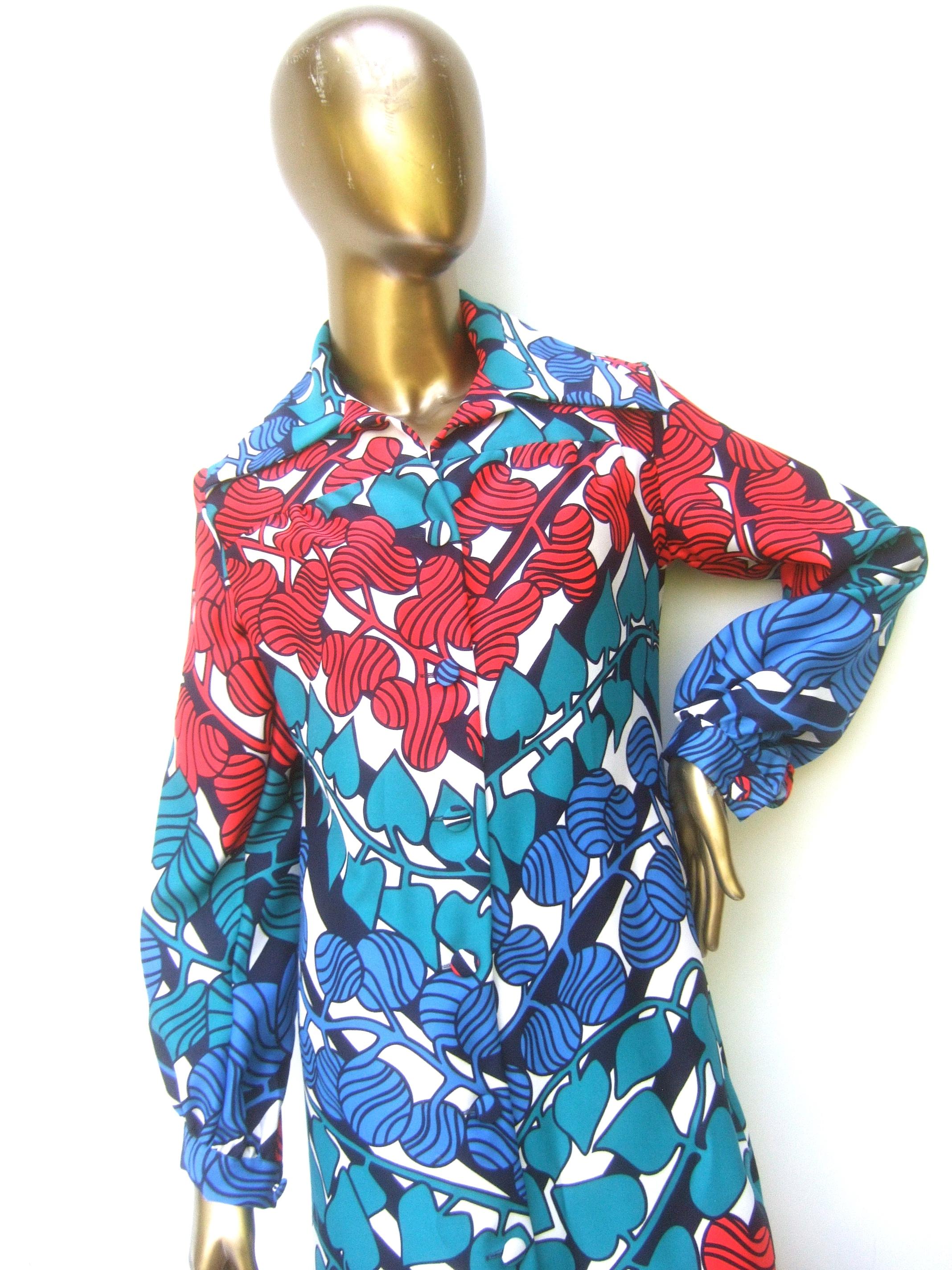Lanvin Mod 1970s Vibrant Foliage Vine Print Belted Gown For Sale 11