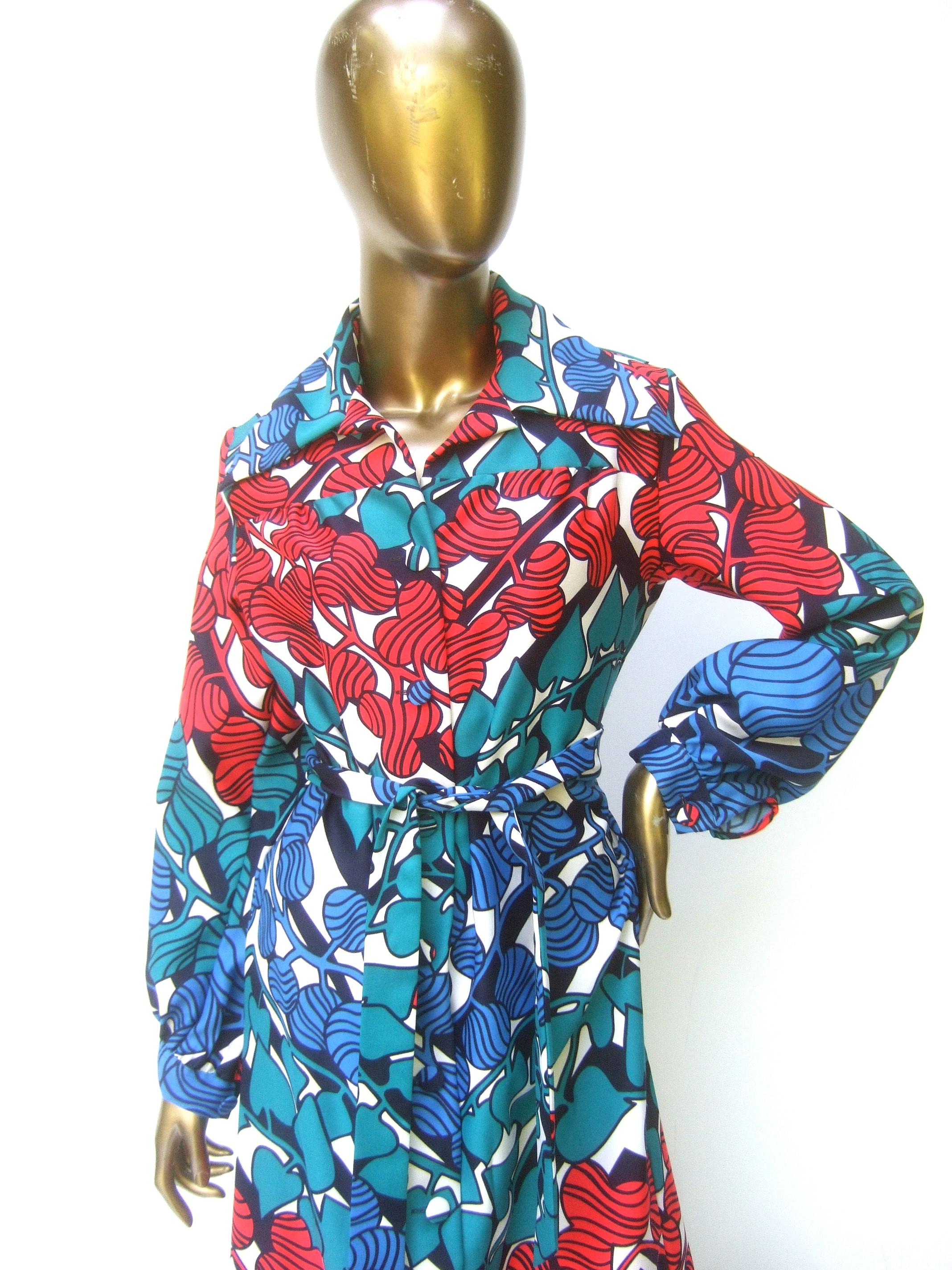 Blue Lanvin Mod 1970s Vibrant Foliage Vine Print Belted Gown  For Sale