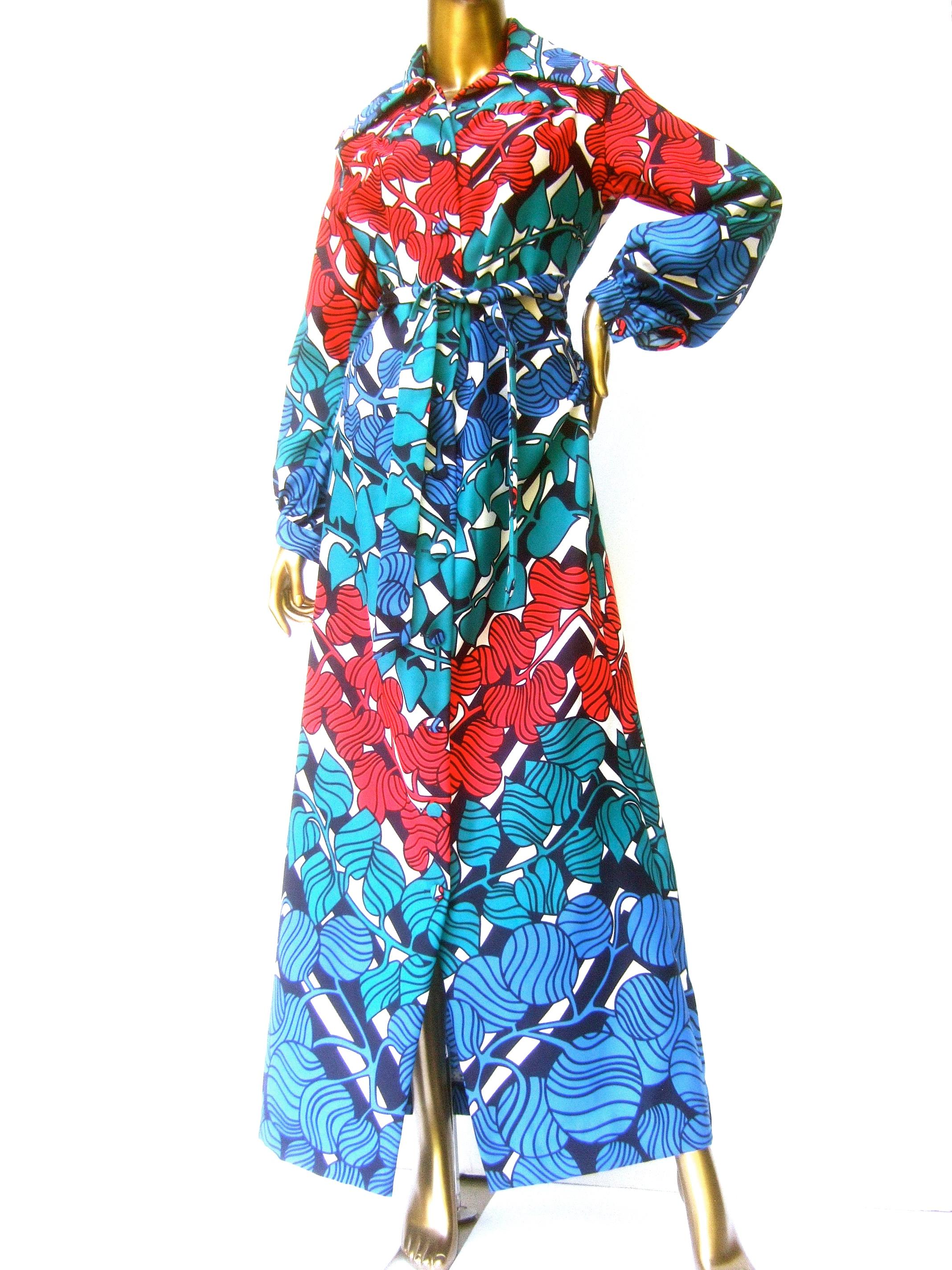Lanvin Mod 1970s Vibrant Foliage Vine Print Belted Gown  In Good Condition For Sale In University City, MO