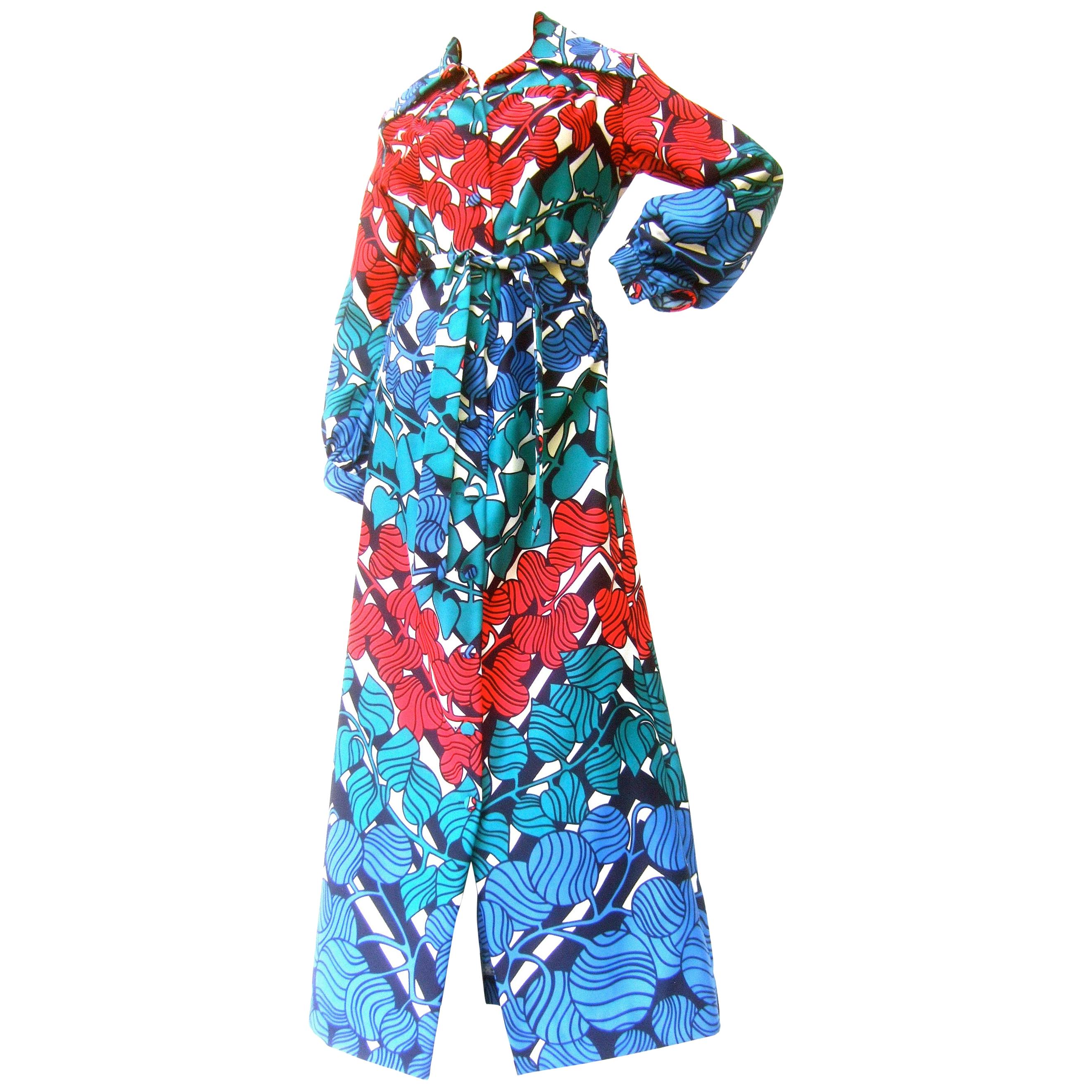 Lanvin Mod 1970s Vibrant Foliage Vine Print Belted Gown 