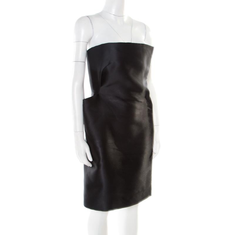 Black Lanvin Monochrome Satin Bow Detail Strapless Dress S