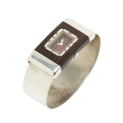 Orologio da polso Lanvin degli anni '70, argento e legno, a carica manuale, con bracciale