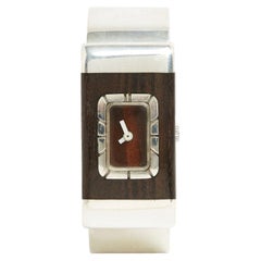 Orologio da polso Lanvin degli anni '70, argento e legno, a carica manuale, con bracciale