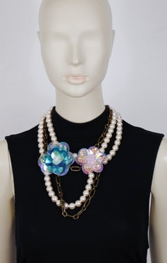 LANVIN Multi-Strand Faux Pearl Chain and Rhodoid Flower Necklace