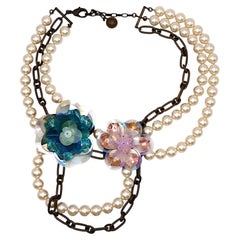 LANVIN Multi-Strand Faux Pearl Chain and Rhodoid Flower Necklace