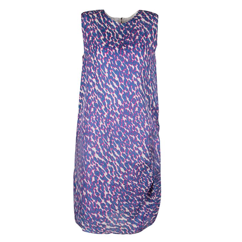 Purple Lanvin Multicolor Animal Printed Silk Frayed Hem Pleat Detail Sleeveless Dress M