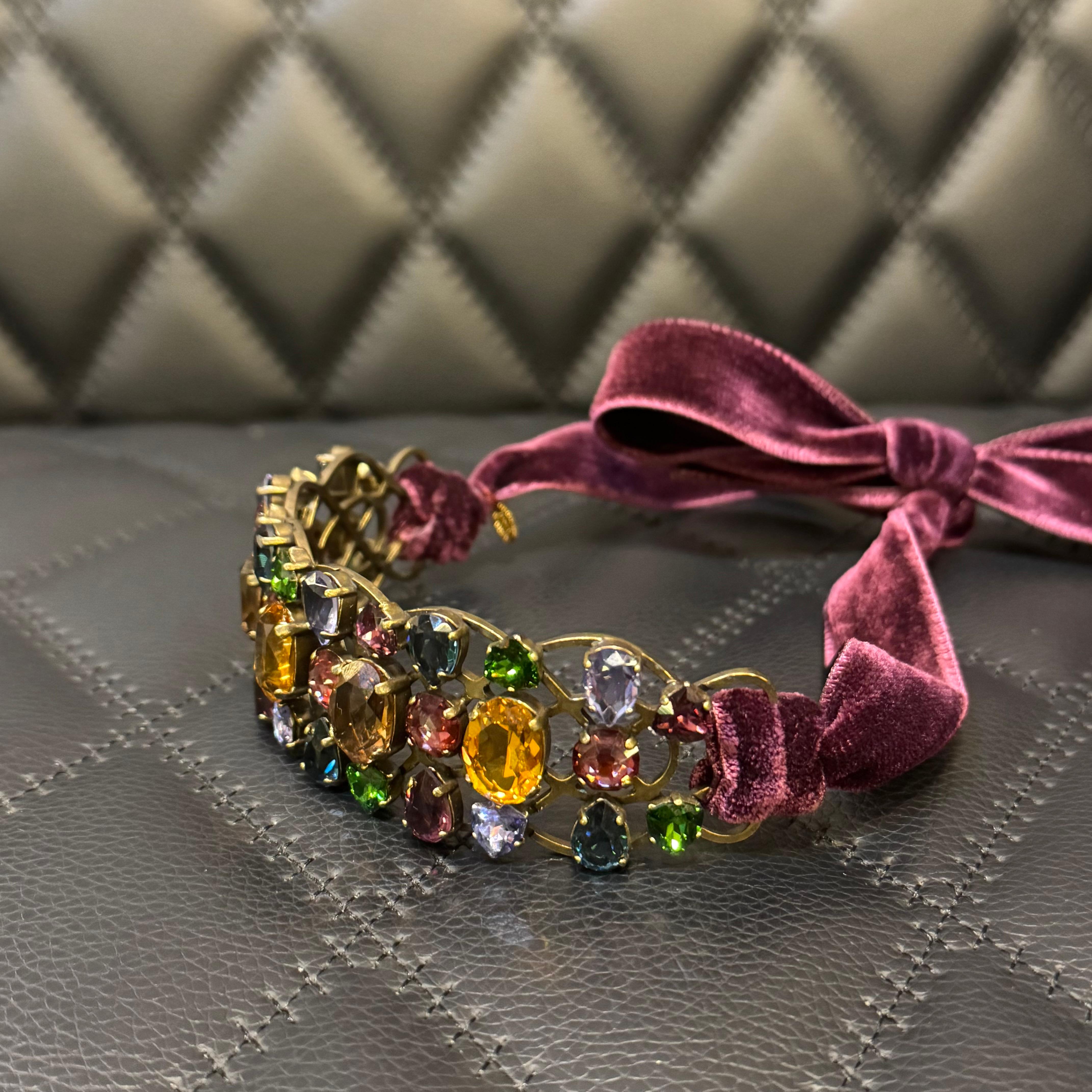 Lanvin Multicolor Crystal Choker with Purple Velvet Ribbon For Sale 6