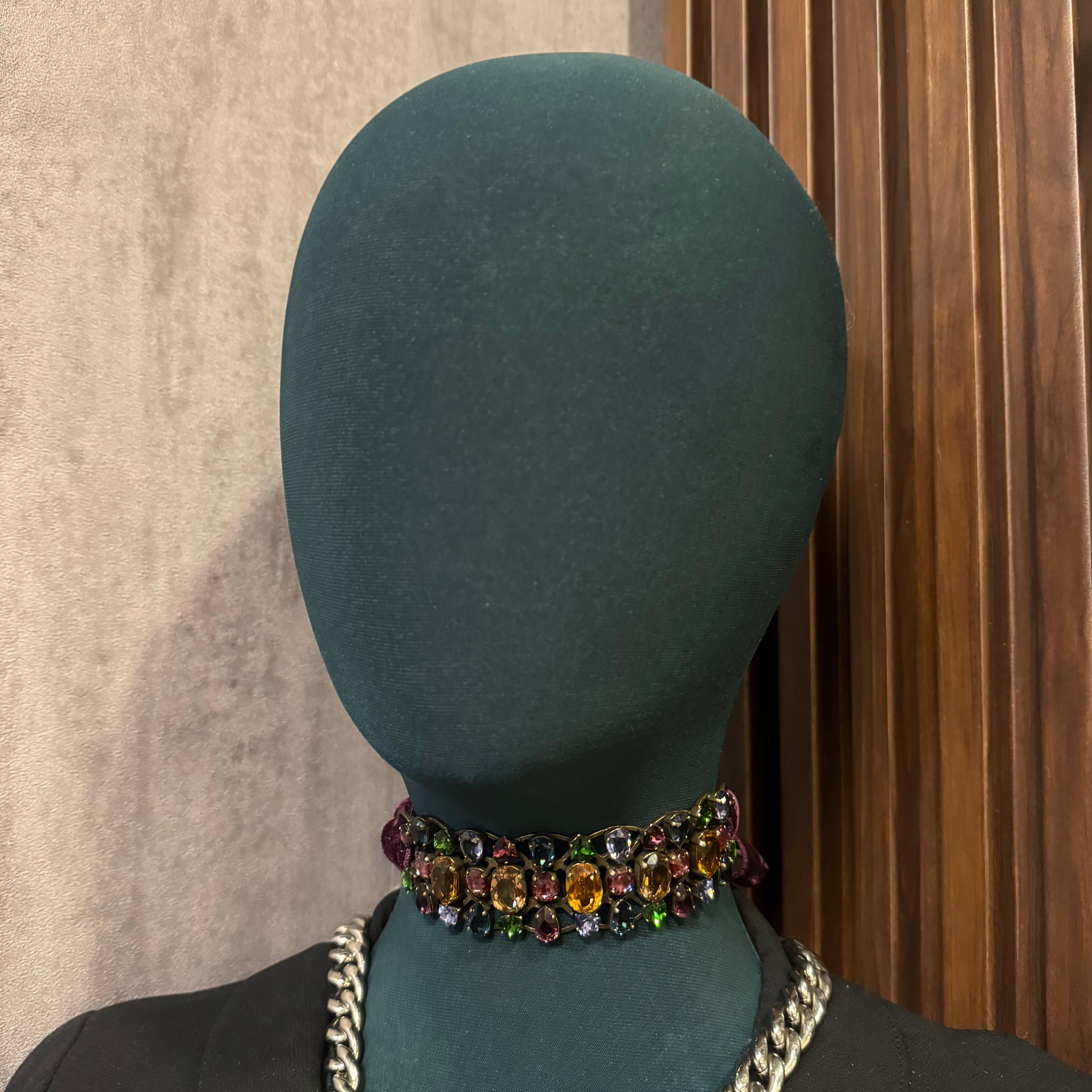 Beautiful Lanvin Crystal Choker with velvet ribbon. Adjustable sizing. The metal plate is bendable so it can adjust to sizes. Tarnishing on the hardware, but not noticeable when worn. Comes with its original box. Part of Alber Elbaz collection.