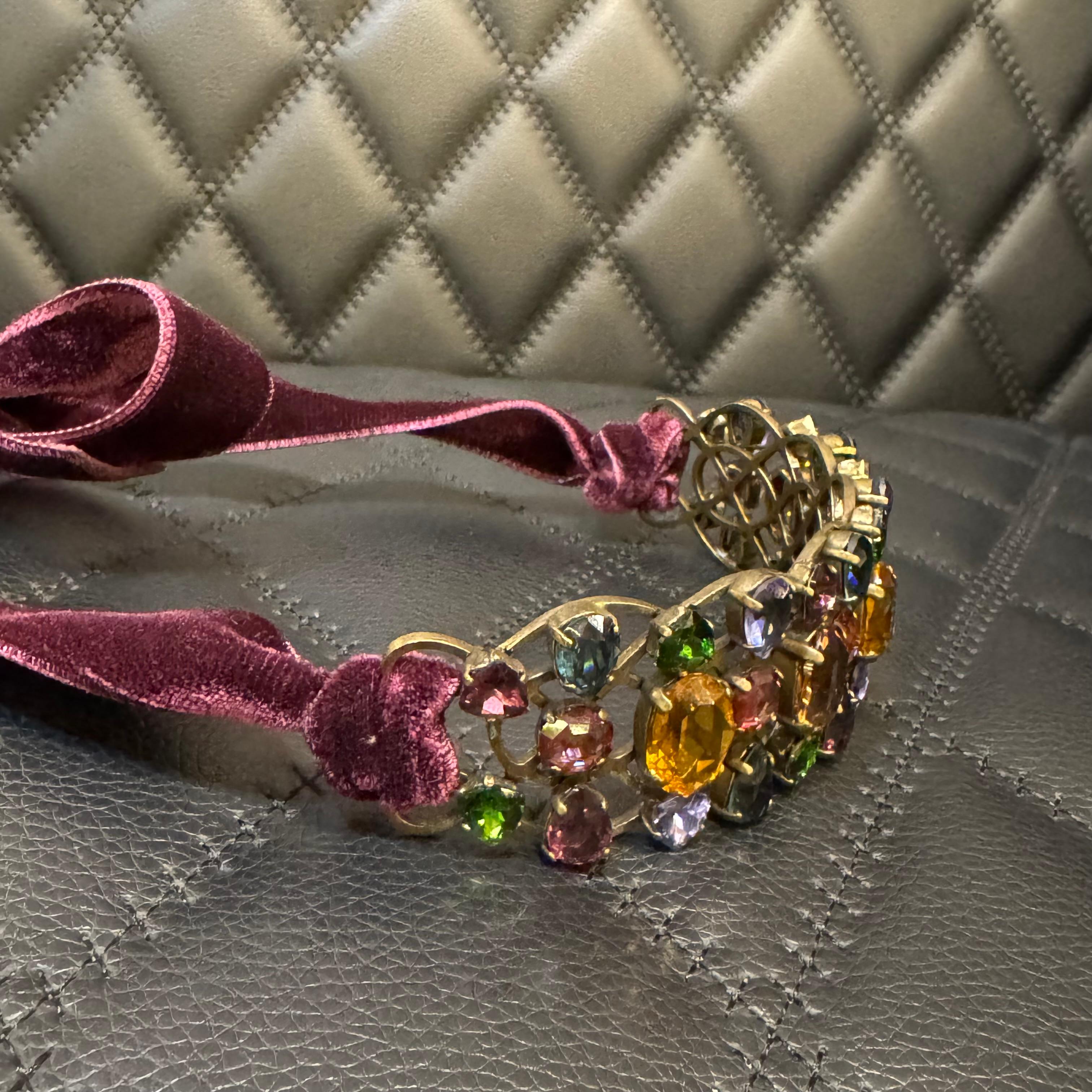 Lanvin Multicolor Crystal Choker with Purple Velvet Ribbon For Sale 5