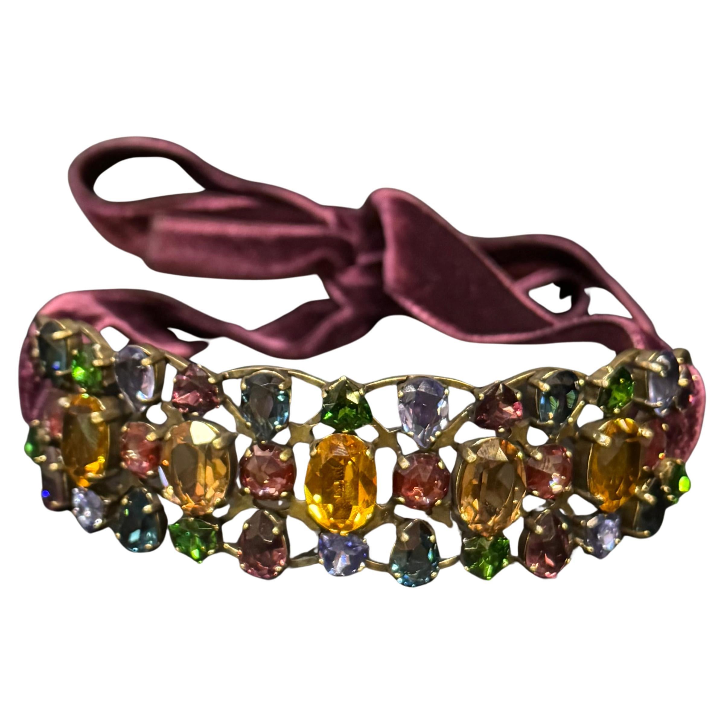 Lanvin Multicolor Crystal Choker with Purple Velvet Ribbon For Sale