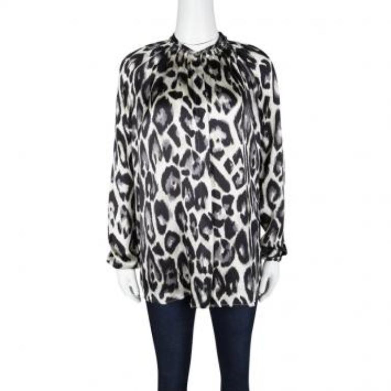 Lanvin Blusa de seda de manga larga con estampado de leopardo multicolor S Negro en venta
