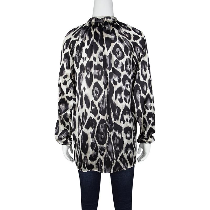 Black Lanvin Multicolor Leopard Print Long Sleeve Silk Blouse S