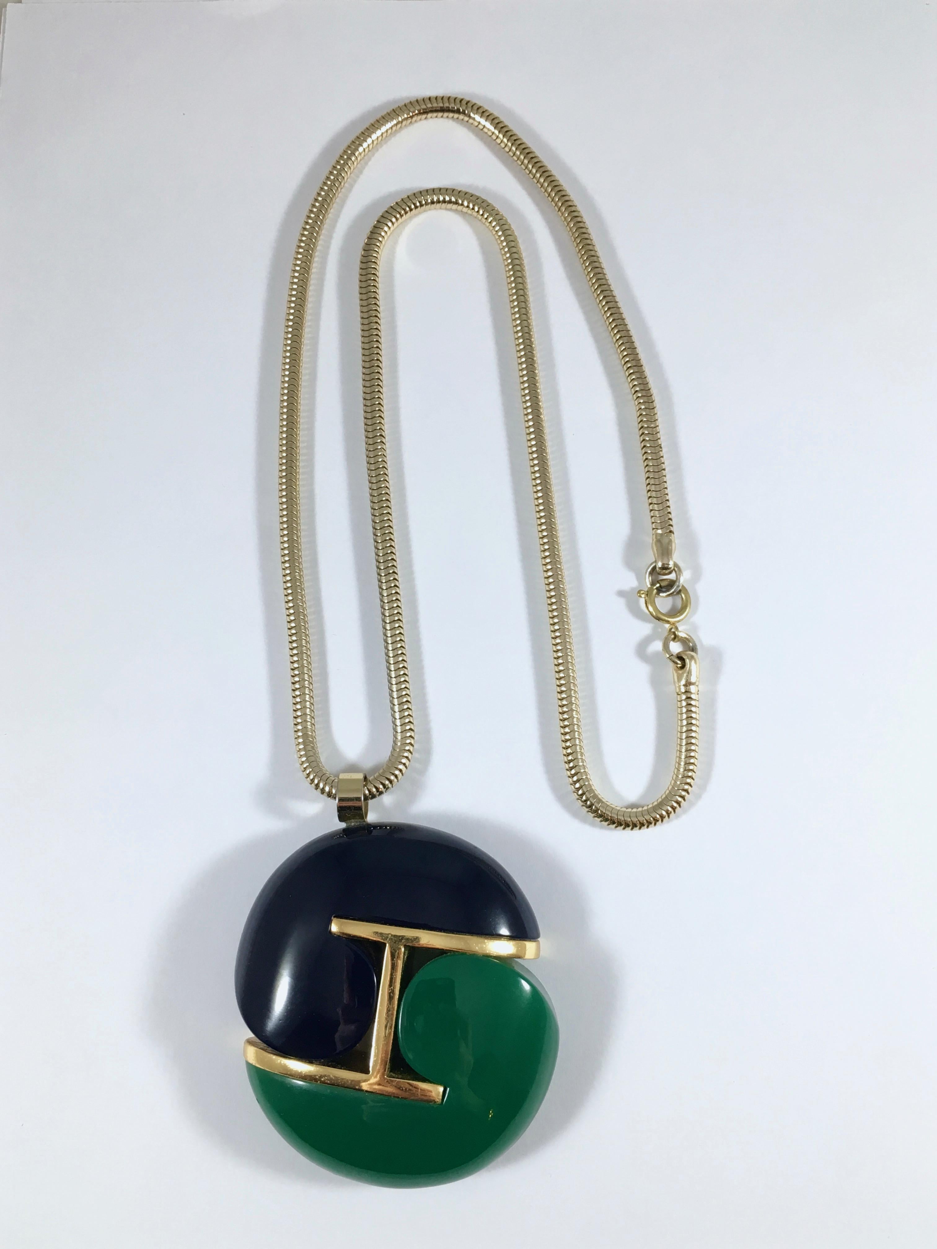 Lanvin Navy and Green Modernist Pendant Necklace 1970s In Excellent Condition In Chicago, IL