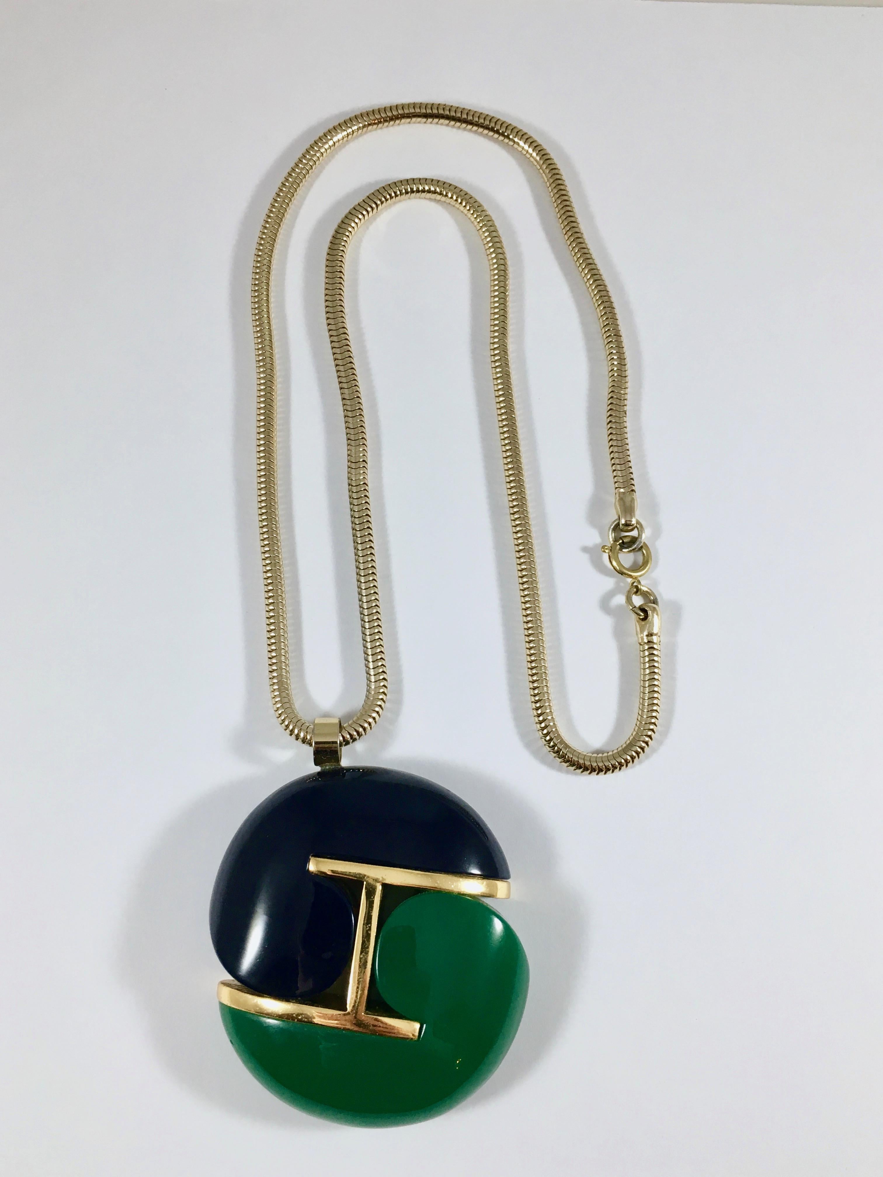 Women's Lanvin Navy and Green Modernist Pendant Necklace 1970s