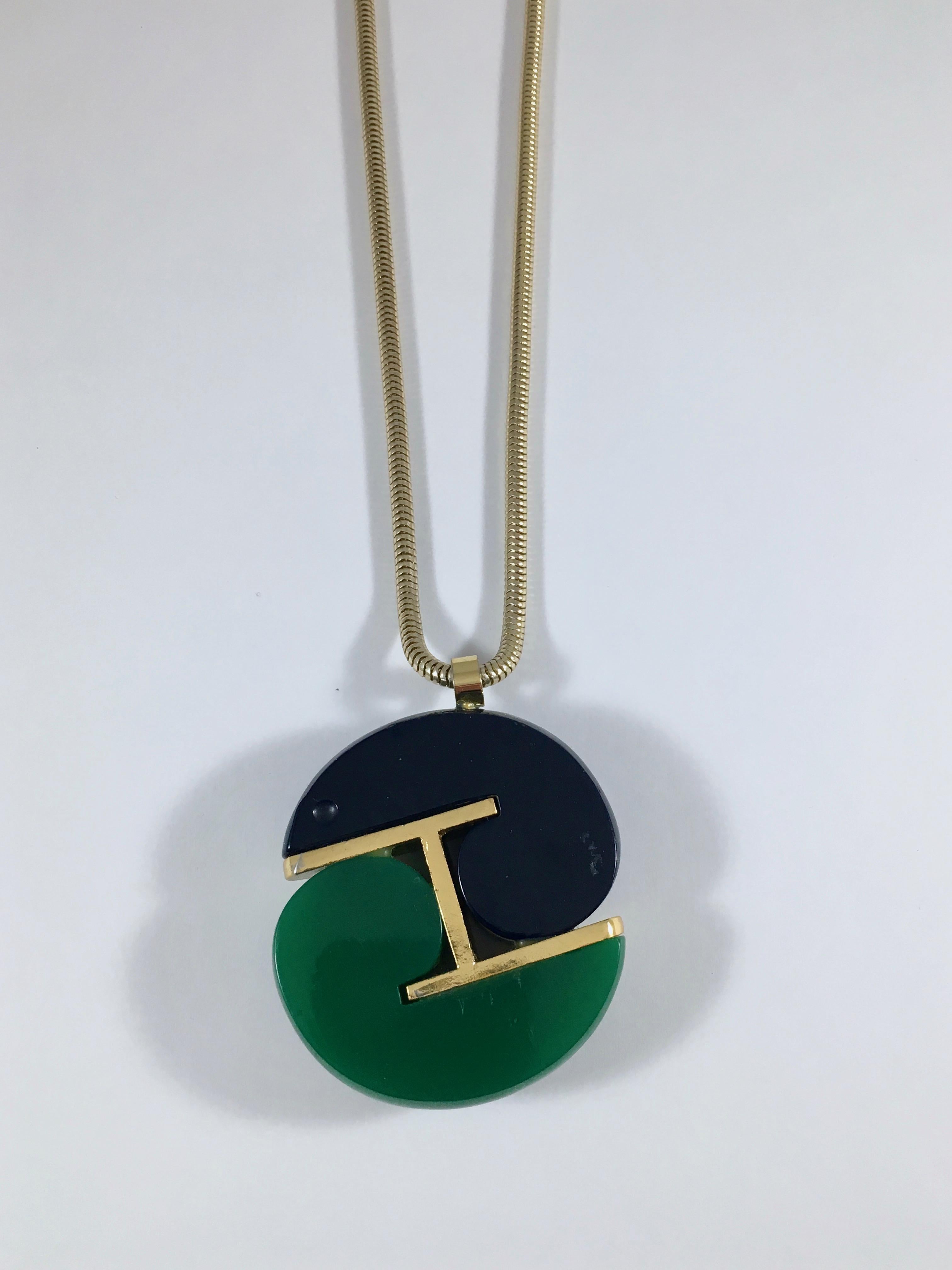 Lanvin Navy and Green Modernist Pendant Necklace 1970s 1