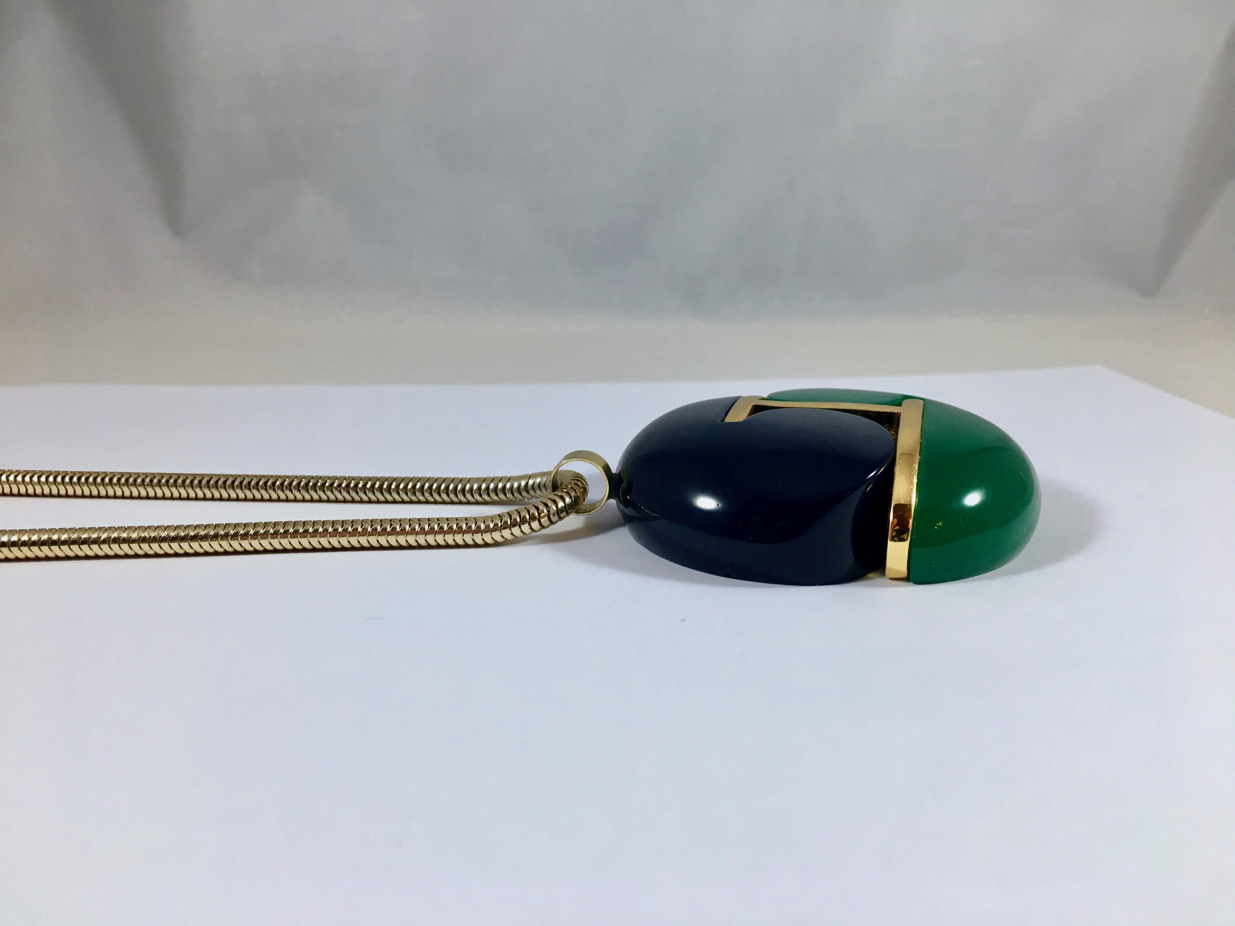 Lanvin Navy and Green Modernist Pendant Necklace 1970s 2